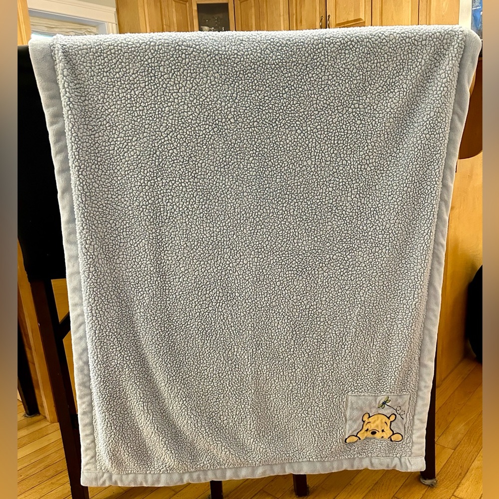 Large Crib Size Winne the Pooh Baby Blue Plush Blanket. 34”x44”.